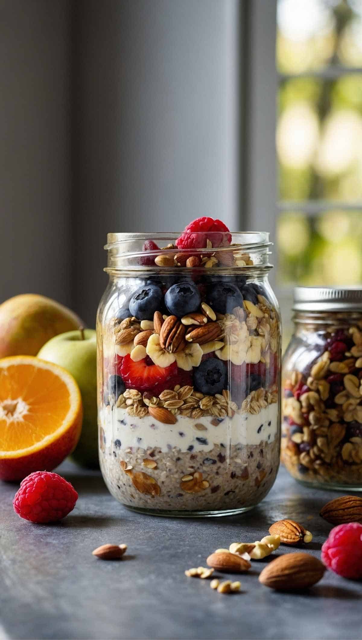 a jar of oats, fruits, and nuts