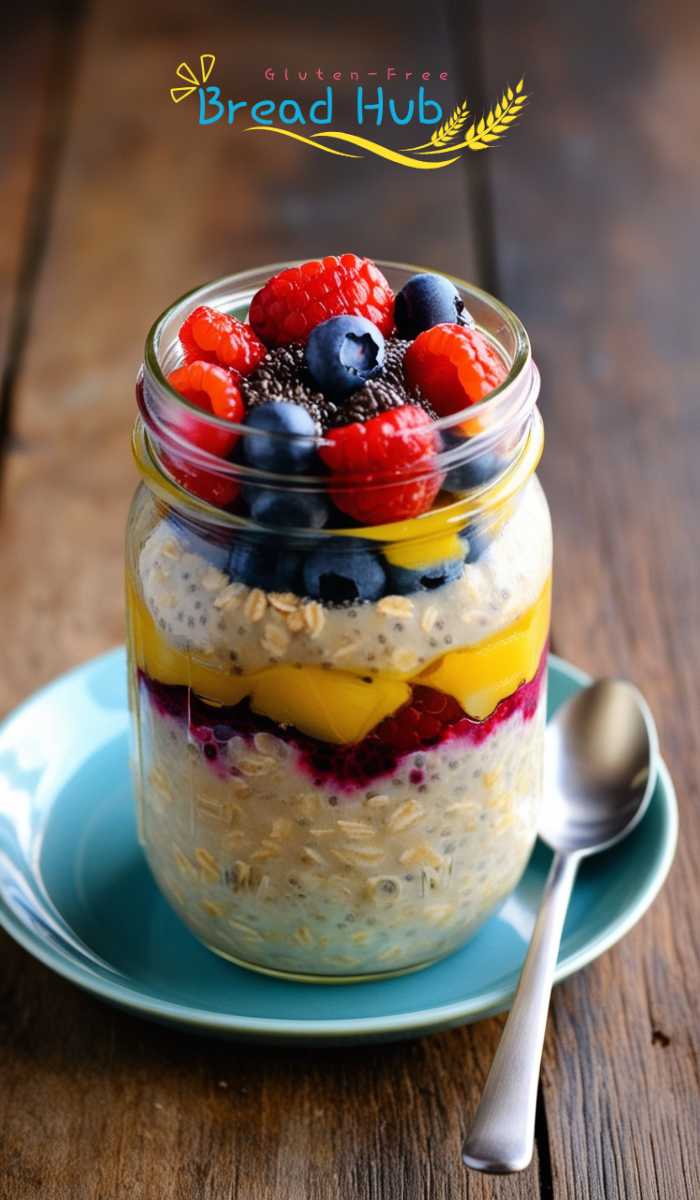 A mason jar filled with gluten-free overnight oats topped with fresh berries, chia seeds, and a drizzle of honey. 