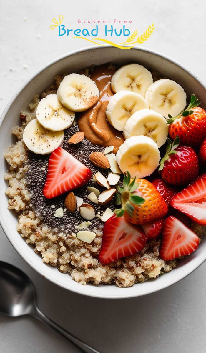 A hearty breakfast bowl featuring cooked quinoa, almond butter, almond milk, cinnamon, and topped with fresh sliced bananas, strawberries, chia seeds, and crushed almonds