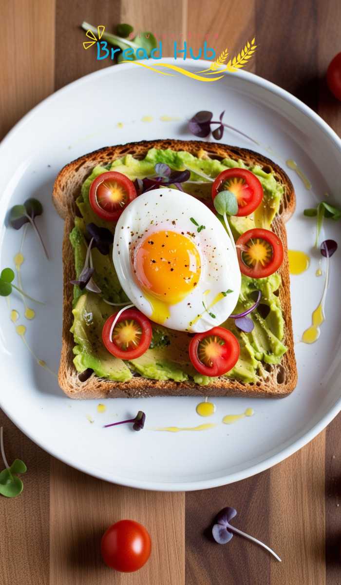 A slice of toasted gluten-free bread spread with mashed avocado, drizzled with olive oil, and topped with poached egg, fresh cherry tomato slices, and microgreens.