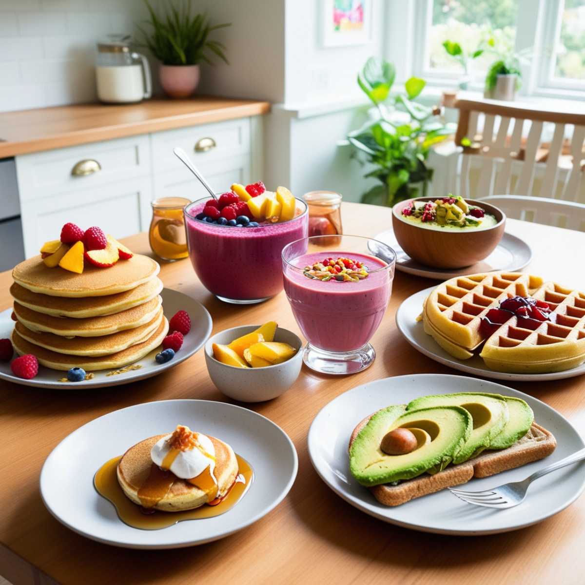 breakfast table featuring a variety of gluten-free breakfast dishes, including fluffy pancakes topped with fresh fruit, a vibrant smoothie bowl with colorful toppings, golden waffles with a drizzle of maple syrup, and avocado toast on gluten-free bread.