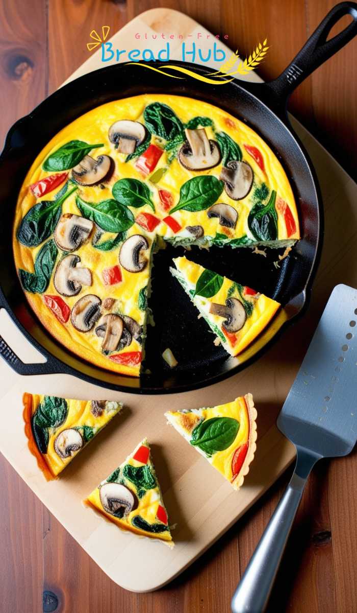 A freshly baked gluten-free frittata in a cast-iron skillet, filled with vibrant ingredients like sautéed spinach, mushrooms, bell peppers, and melted cheese. 