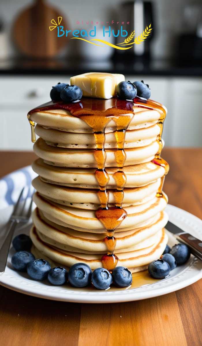 A stack of fluffy, golden-brown gluten-free pancakes topped with fresh blueberries, a pat of melting butter, and a drizzle of maple syrup.