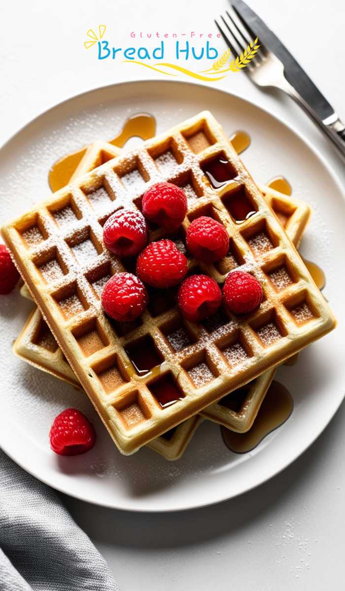 A plate of golden, crispy gluten-free waffles topped with fresh raspberries, a dusting of powdered sugar, and a drizzle of maple syrup. 