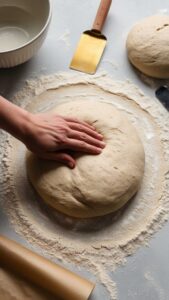 A person shaping a round loaf of gluten-free sourdough bread on a floured surface. The dough looks smooth and ready to rise, with a soft, elastic texture, surrounded by baking tools like a bowl, scraper, and parchment paper.