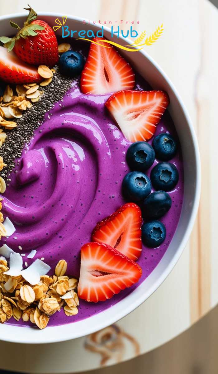 A vibrant smoothie bowl with a thick, purple base made from blended bananas and berries, topped with gluten-free granola, chia seeds, sliced strawberries, blueberries, and coconut flakes.