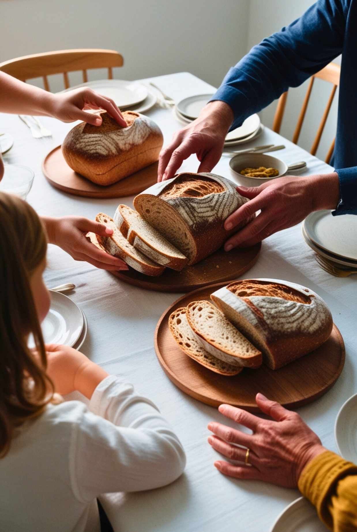 A family sharing sourdough bread at a dinner table.