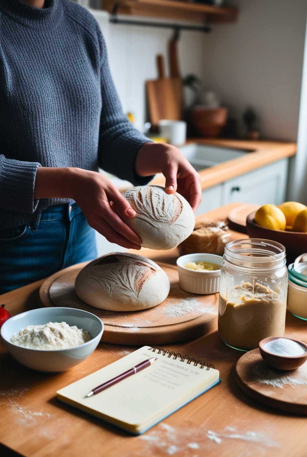 The table has ingredients like flour, a jar of sourdough starter, and a recipe notebook