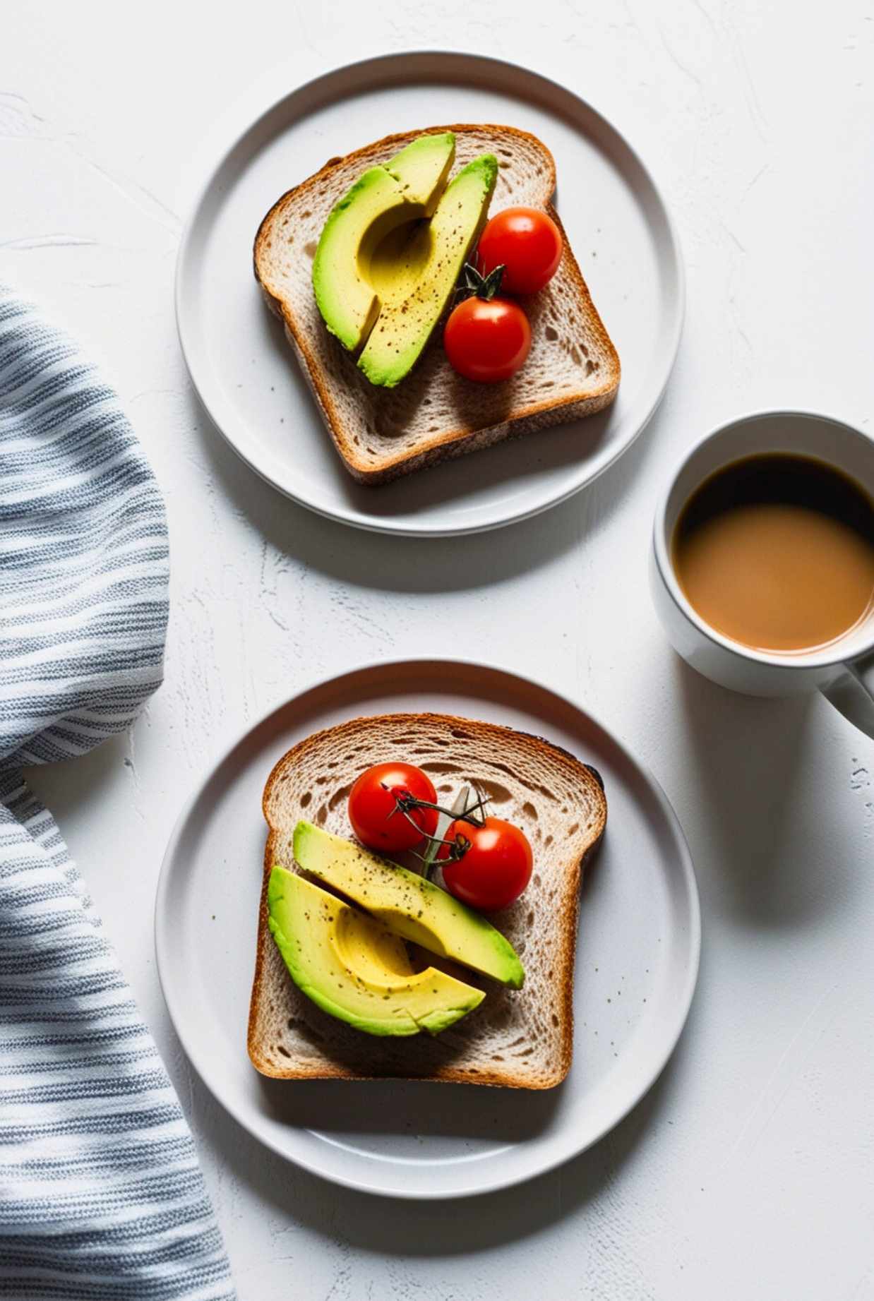 Two slices of sourdough bread, toasted and topped with avocado and cherry tomatoes, plated neatly with a cup of coffee