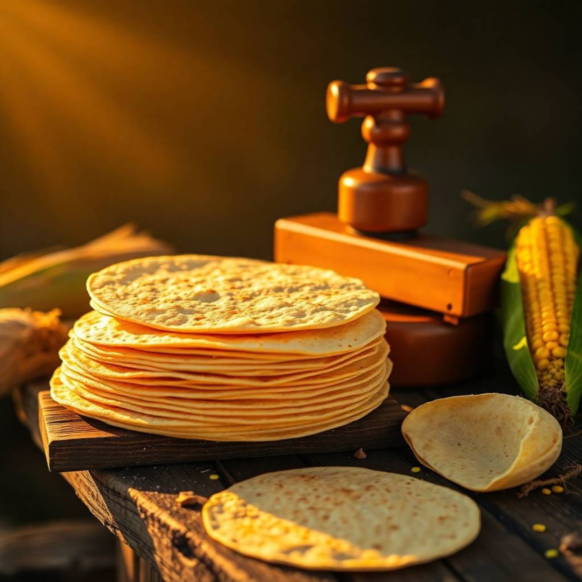 Fresh corn tortillas on a wooden surface with masa harina and corn cobs.