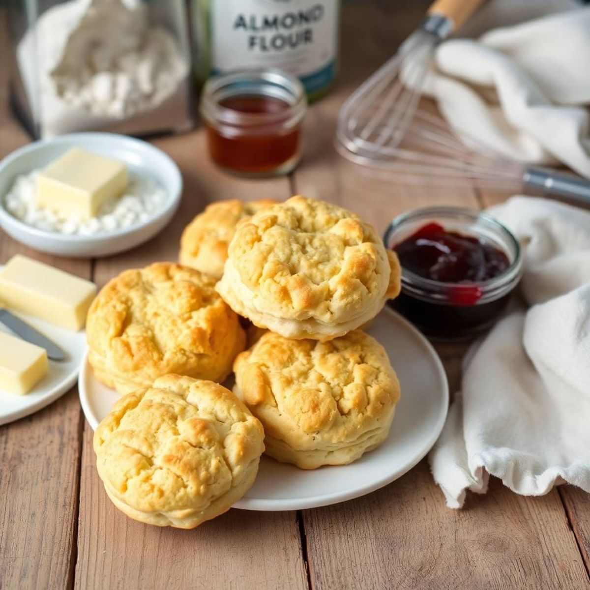 freshly baked gluten-free biscuits on a rustic wooden table.