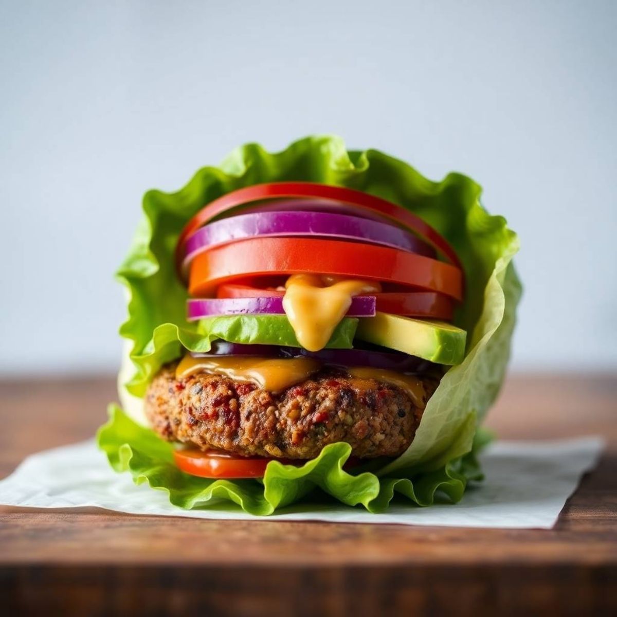 Gluten Free Fast Food Options a burger wrapped in crisp green lettuce leaves, garnished with tomato slices, red onions, avocado, and a drizzle of sauce.