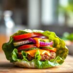 a burger patty wrapped in crisp green lettuce leaves, garnished with tomato slices, red onions, avocado, and a drizzle of sauce.