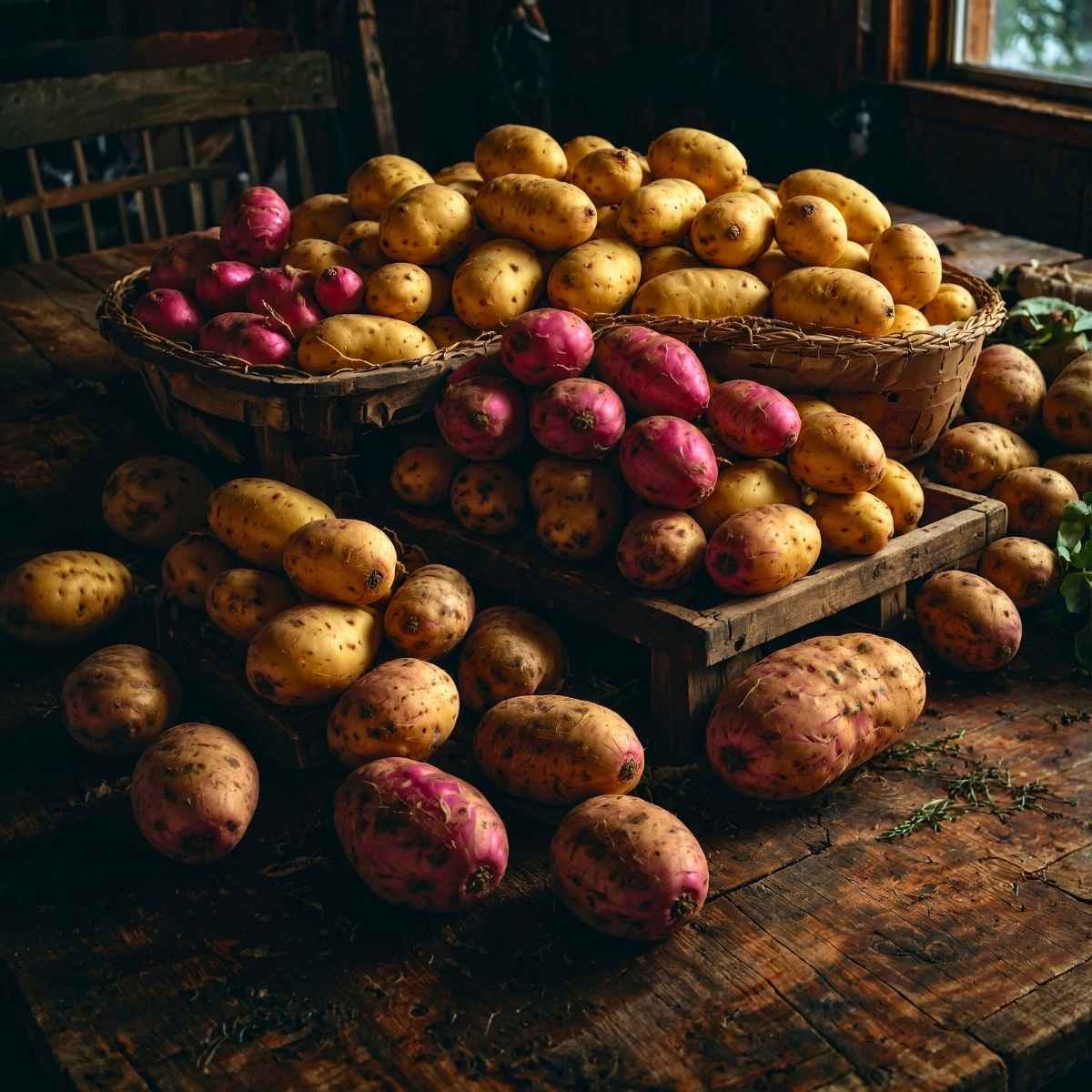 A vibrant assortment of gluten free potato varieties is displayed on a rustic wooden table. The image includes Russet potatoes, Yukon Gold potatoes, red potatoes, and sweet potatoes