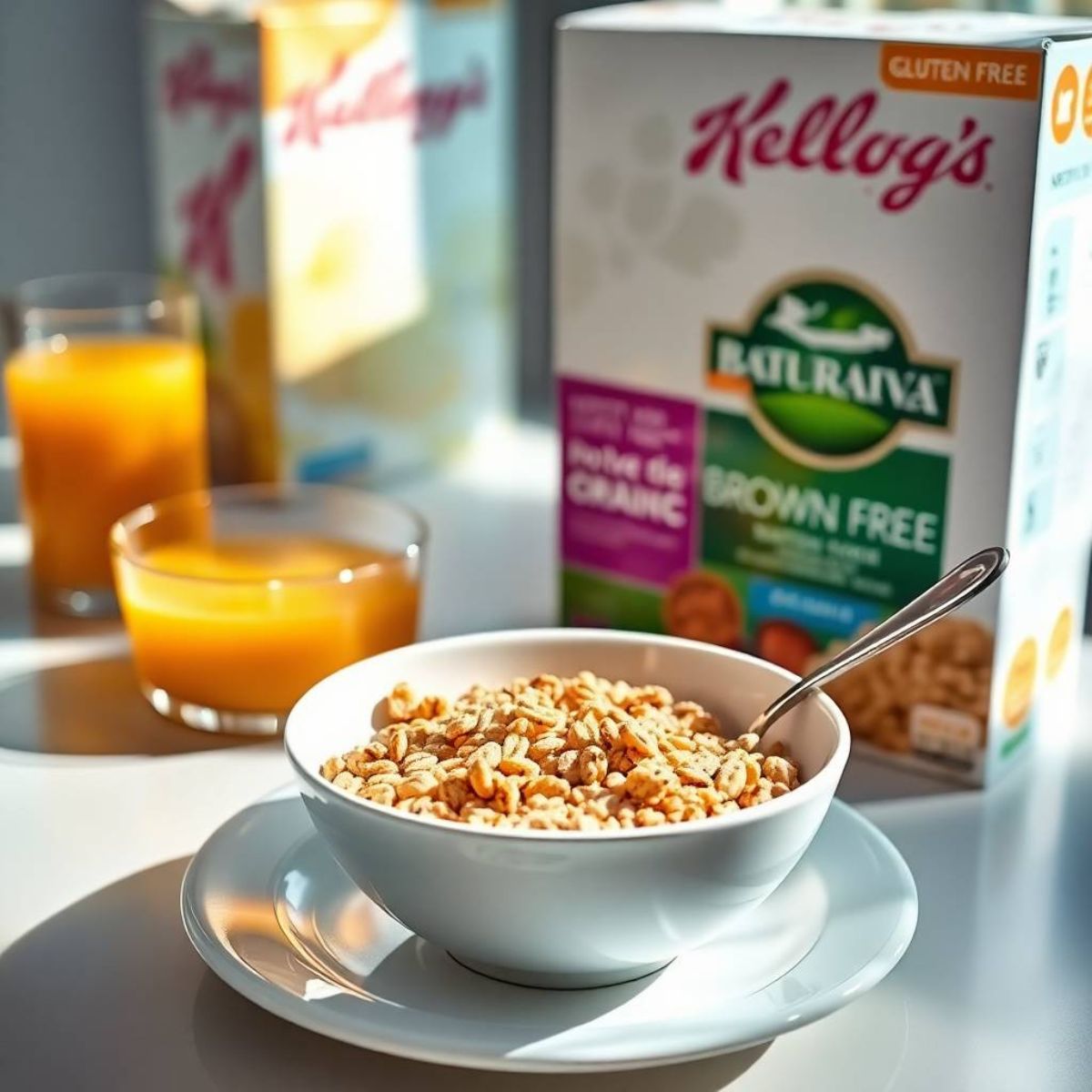 A bowl of gluten-free brown rice cereal with boxes of Barbara's Brown Rice Crisps and Nature’s Path Crispy Rice, labeled as gluten-free, on a wooden kitchen table with a glass of orange juice and a spoon, while a blurred Kellogg’s Rice Krispies box is visible in the background.