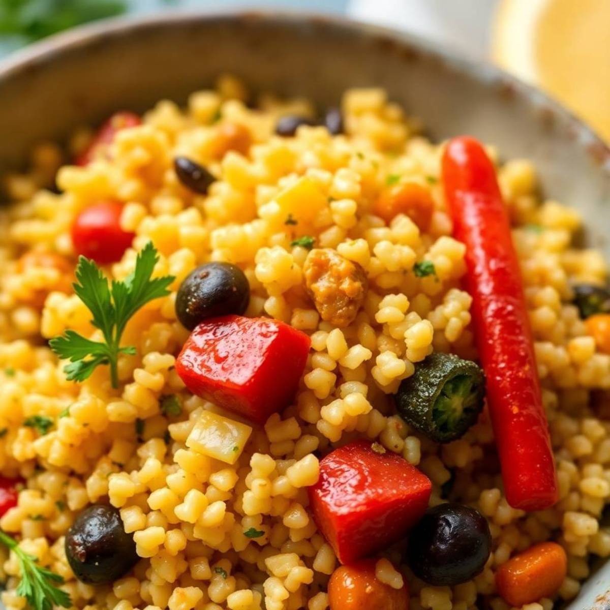 gluten free moroccan couscous, served in a bowl with vegetables