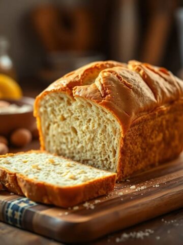 A freshly baked loaf of gluten-free bread resting on a wooden cutting boar