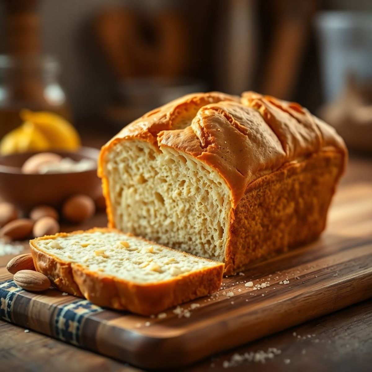 A freshly baked loaf of gluten-free bread resting on a wooden cutting boar