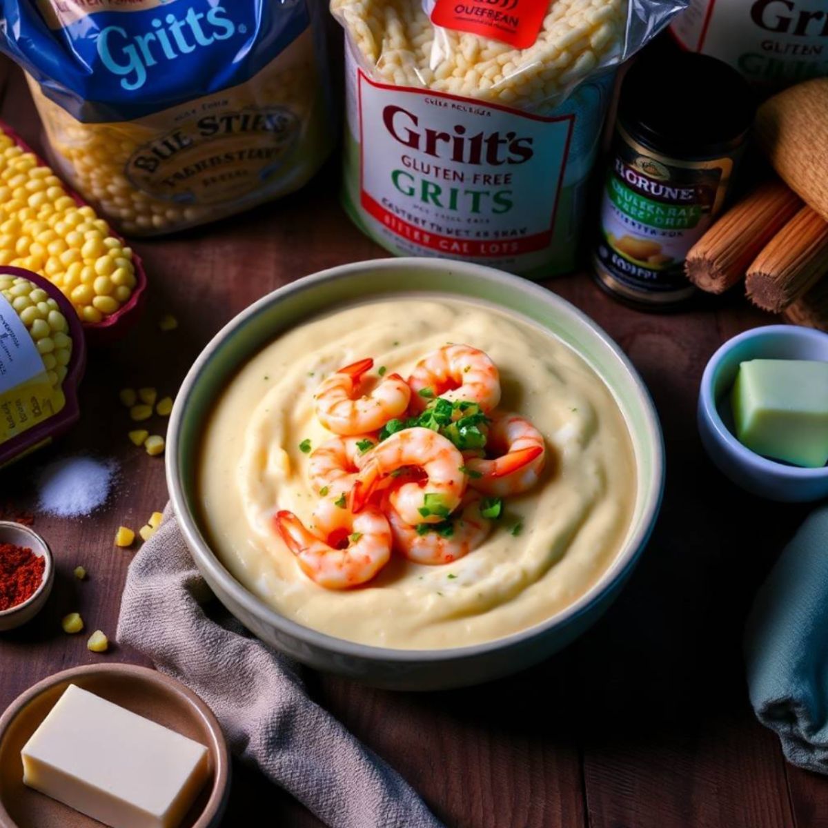 gluten-free grits topped with sautéed shrimp and herbs