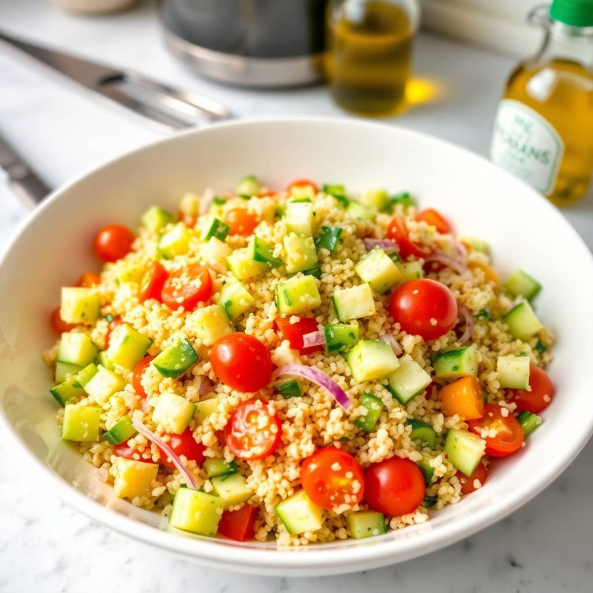 A vibrant gluten free quinoa salad in a bowl, featuring diced cucumber, bell pepper, red onion, halved cherry tomatoes, and fluffy quinoa, drizzled with a light lemon dressing. The scene is radiant and luxurious, with an ad