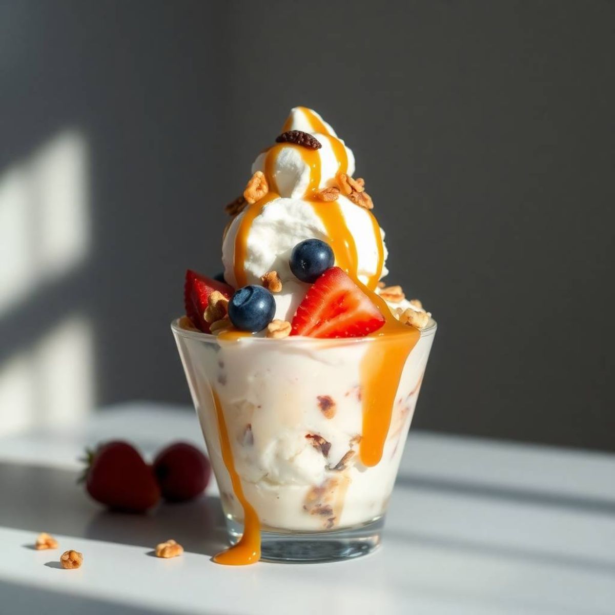 homemade gluten-free ice cream sundae topped with fresh fruit and nuts