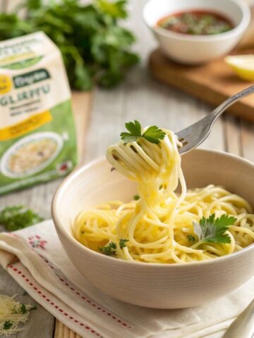 A bowl of egg noodles with a gluten-free label.