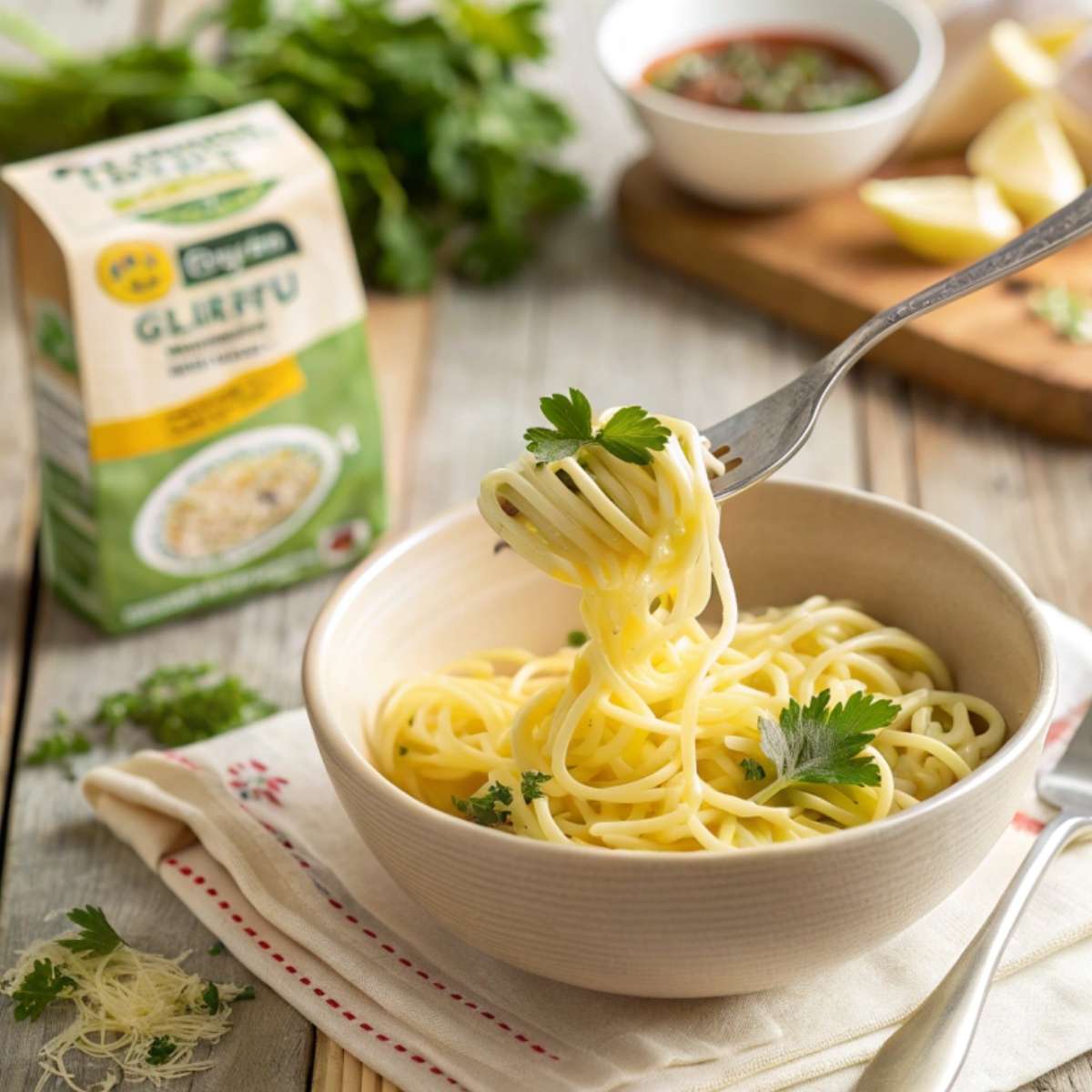 A bowl of egg noodles with a gluten-free label.