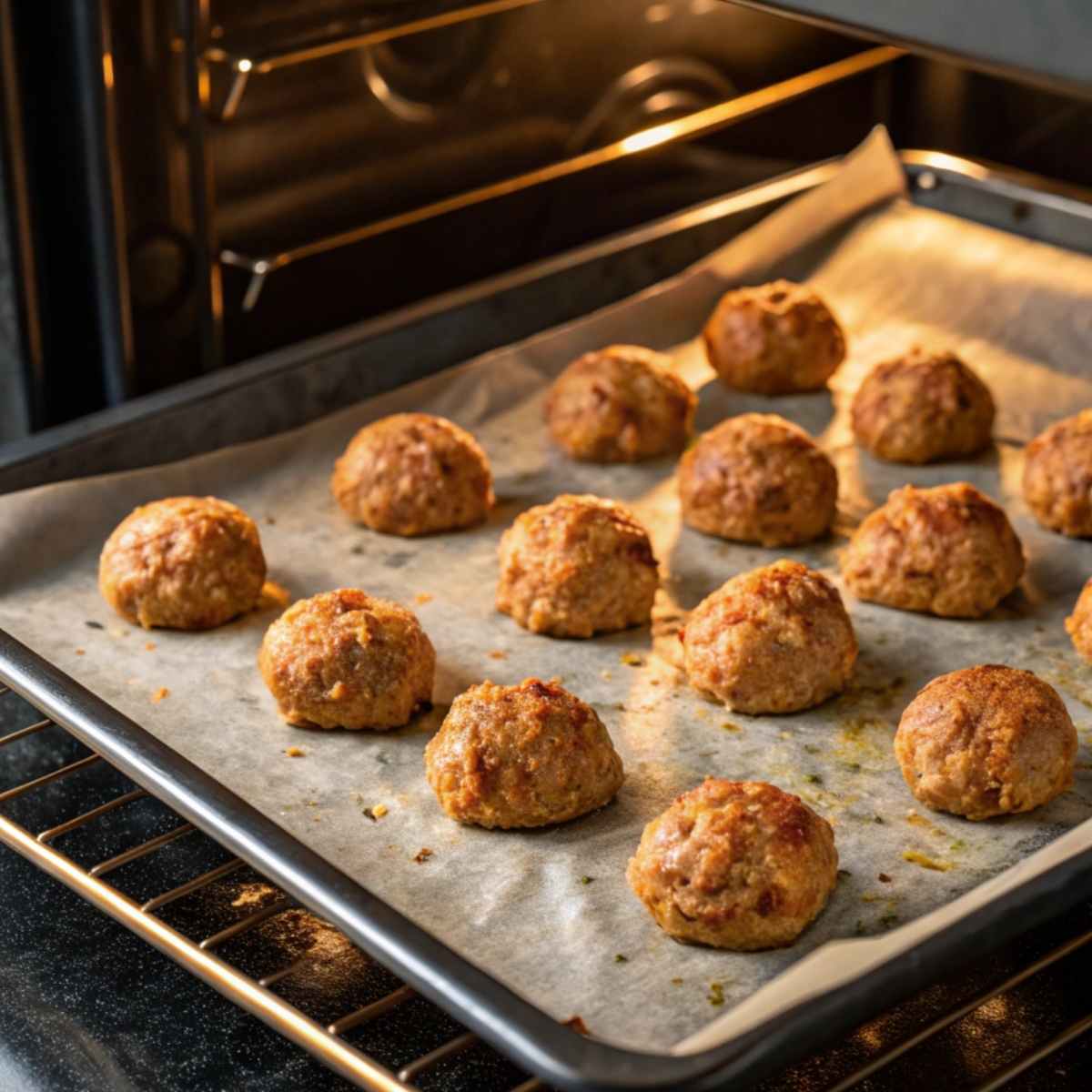 Gluten free meatballs baking to perfection on a tray