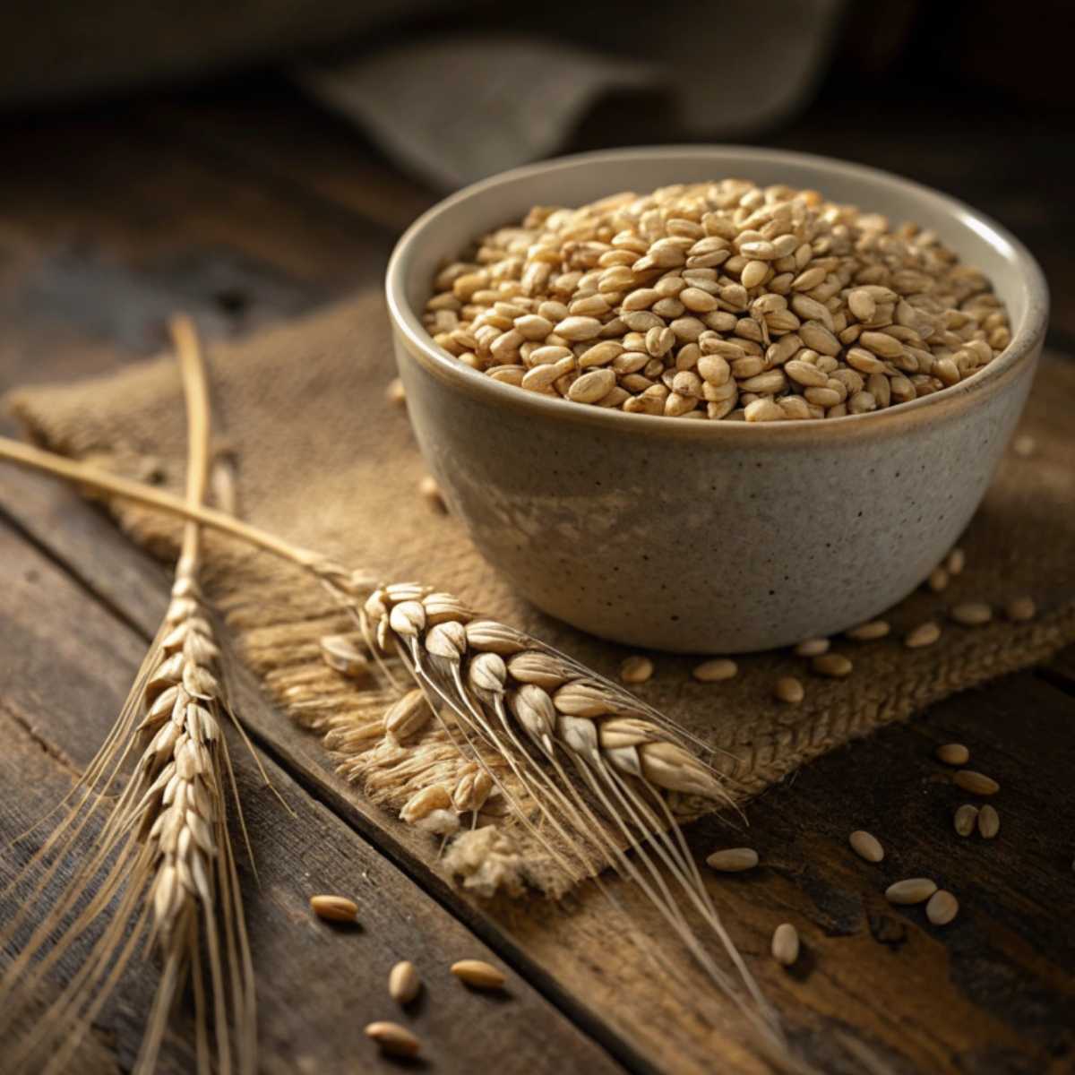 Whole barley grains in a wooden bowl on a rustic table