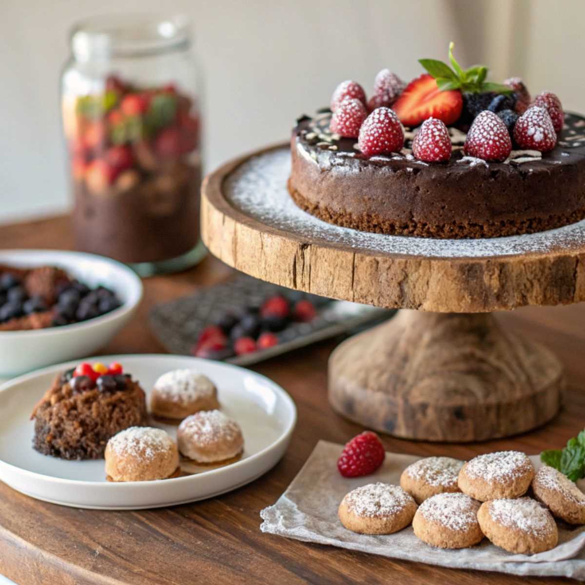 beautifully arranged gluten-free dessert table, zoomed in to focus on the details. A rich flourless chocolate cake sits on a rustic wooden cake stand, topped with glossy ganache and fresh berries.