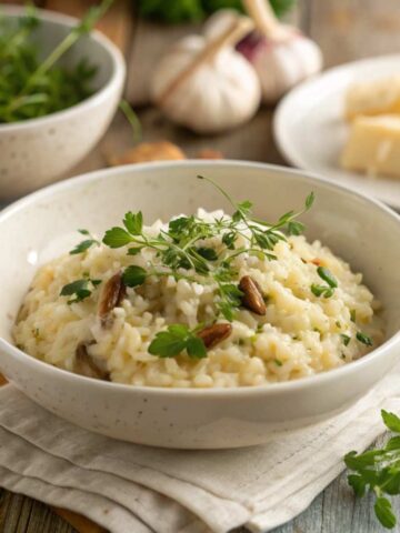 A creamy risotto dish garnished with fresh herbs.