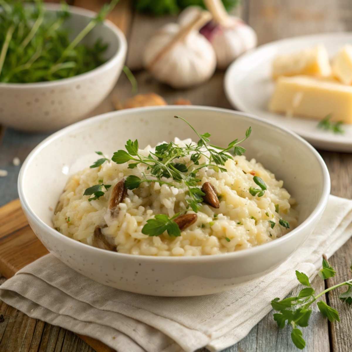 A creamy risotto dish garnished with fresh herbs.