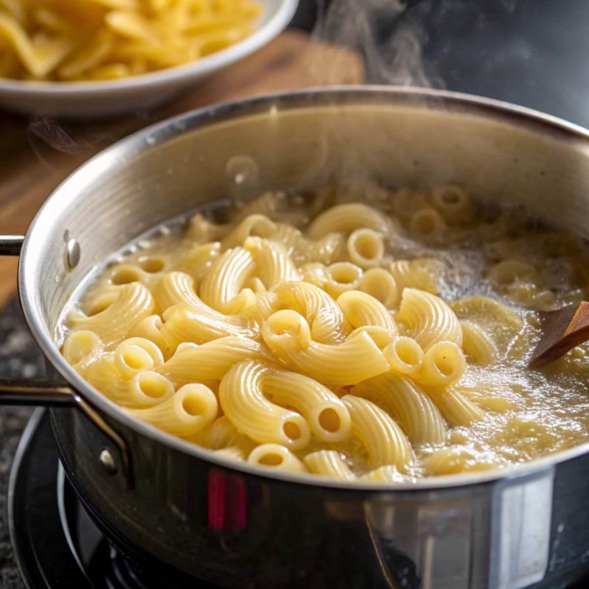 Gluten free pasta boiling, ready for mac and cheese