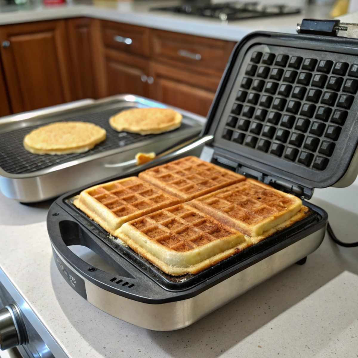 Gluten free waffles cooking on a waffle iron