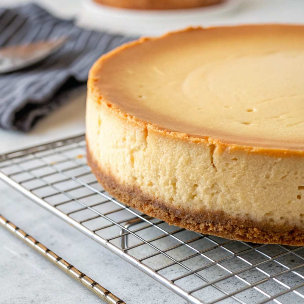 Gluten free cheesecake cooling on a rack