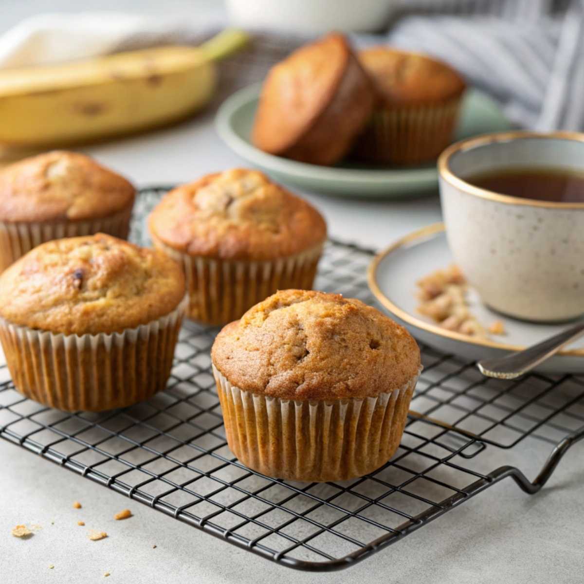 Gluten free banana muffins cooling on a rack