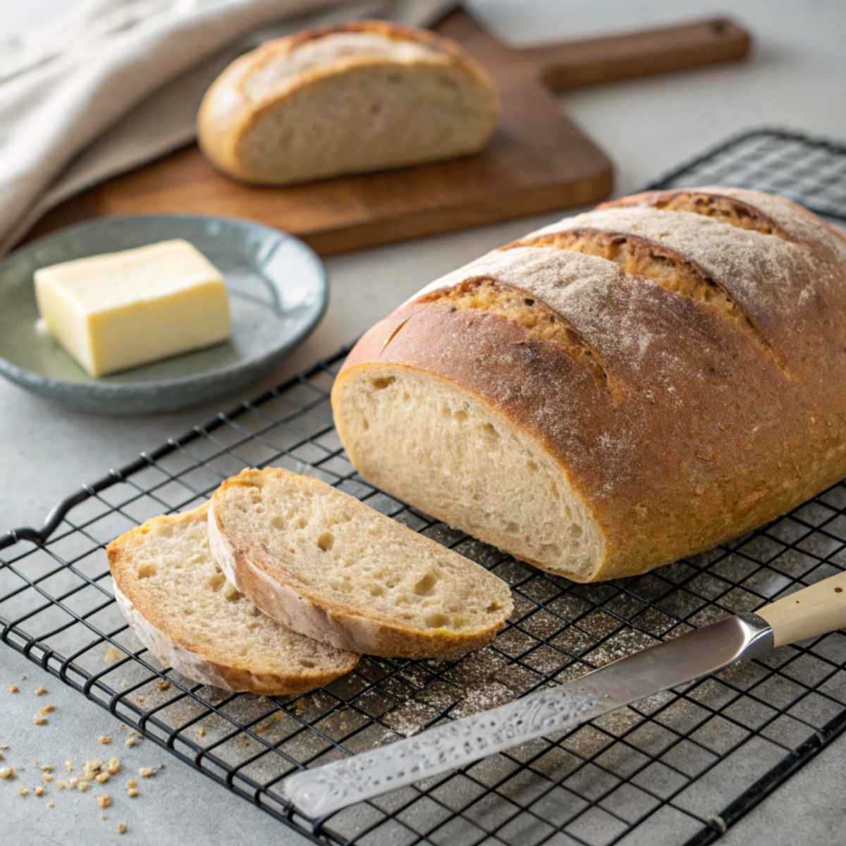 Freshly baked gluten free bread cooling on a rack