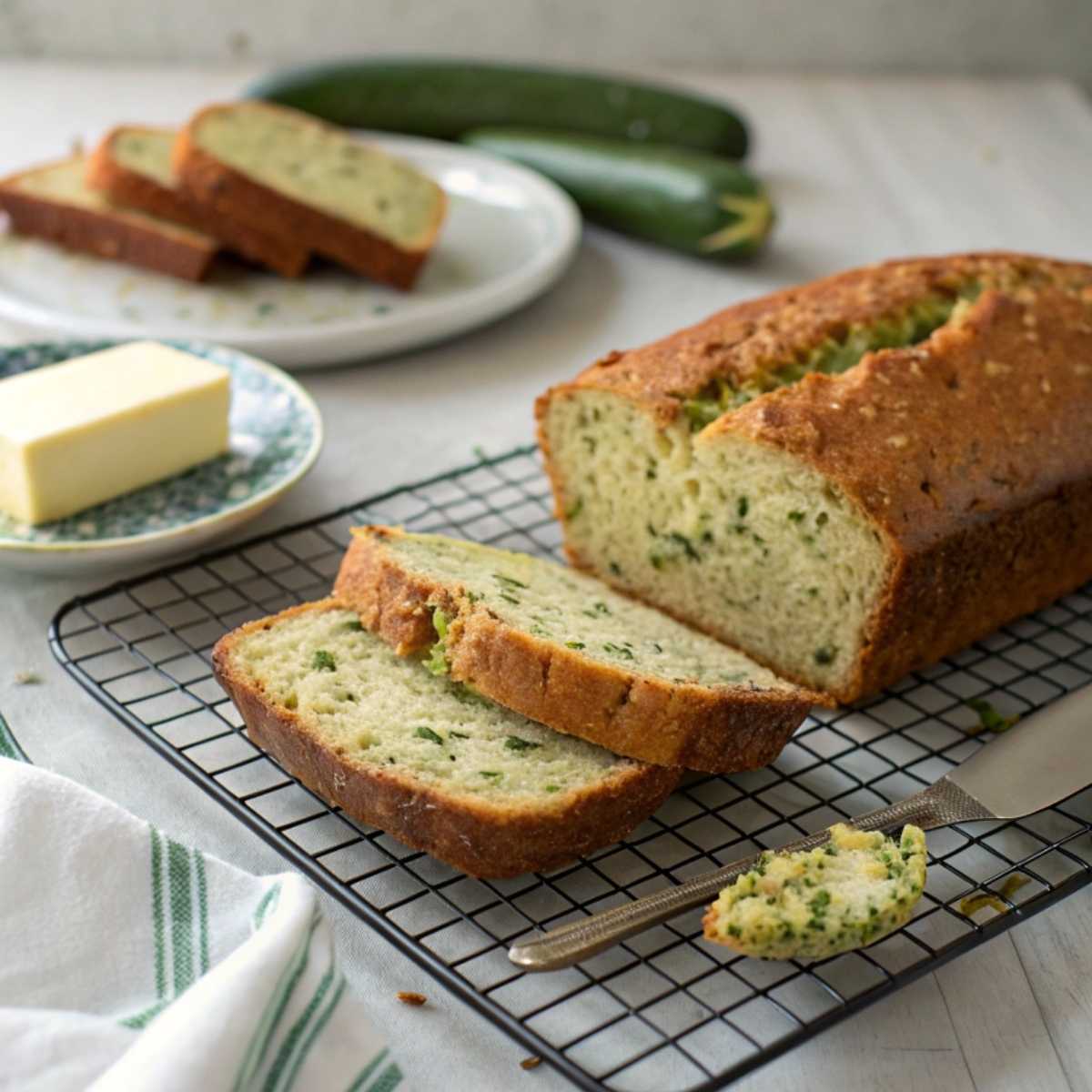 Gluten free courgette bread slices on a wire rack