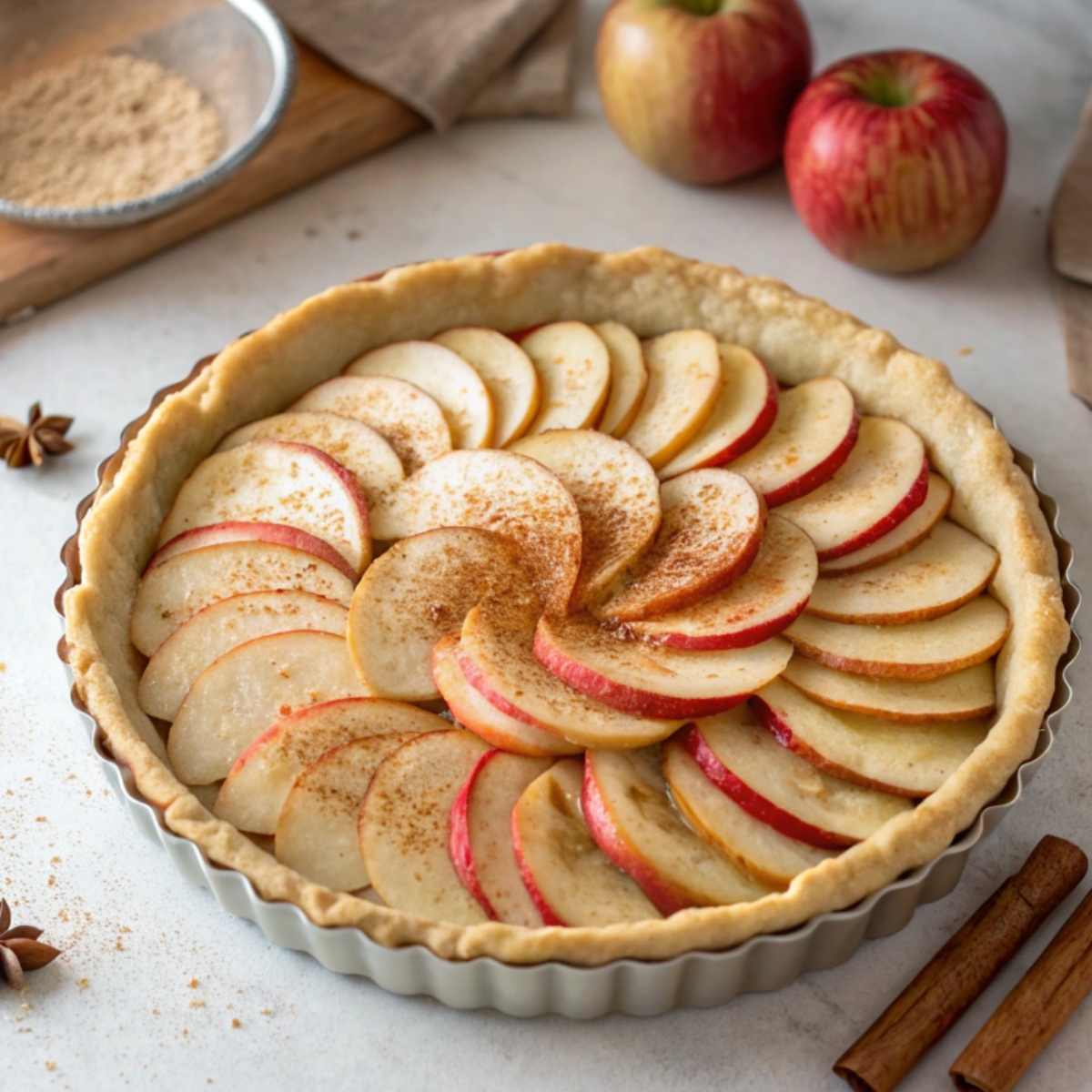 Gluten free pie crust filled with apples, ready to bake