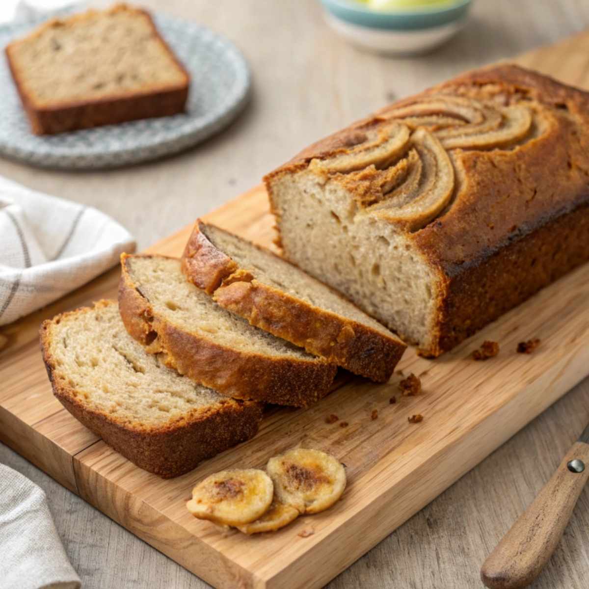 Gluten free banana bread with slices on a cutting board