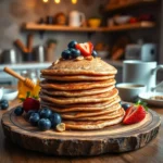 fluffy gluten-free buckwheat pancakes on a rustic wooden plate, topped with fresh blueberries