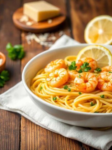 gluten-free dinner lemon garlic shrimp pasta served in a white bowl