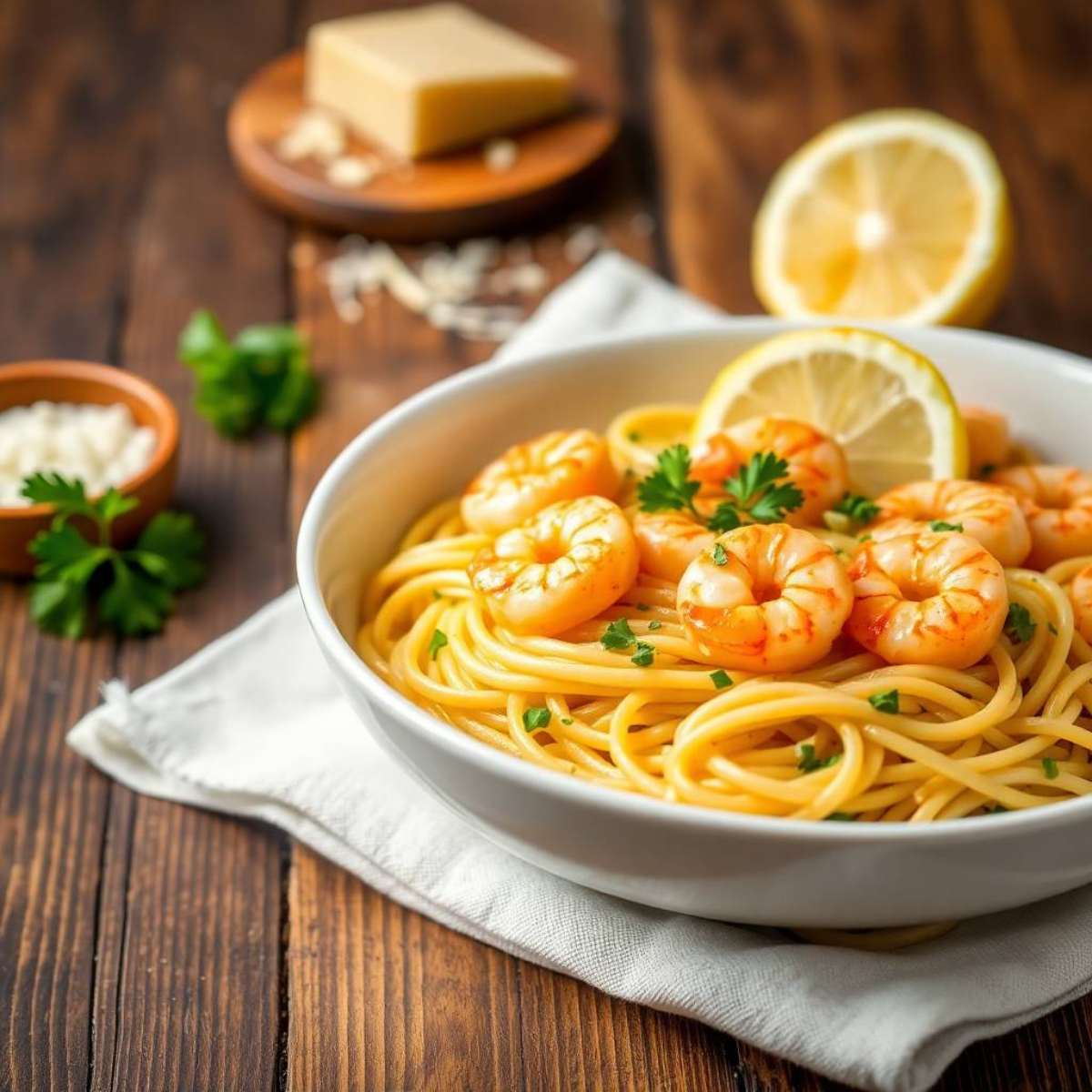 gluten-free dinner lemon garlic shrimp pasta served in a white bowl