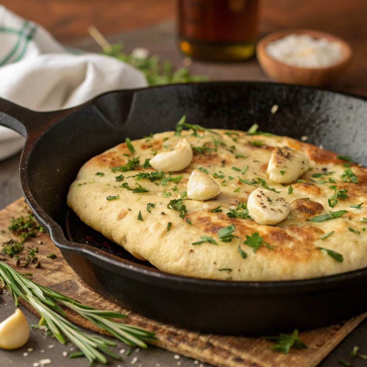 Gluten free garlic naan cooking in a skillet