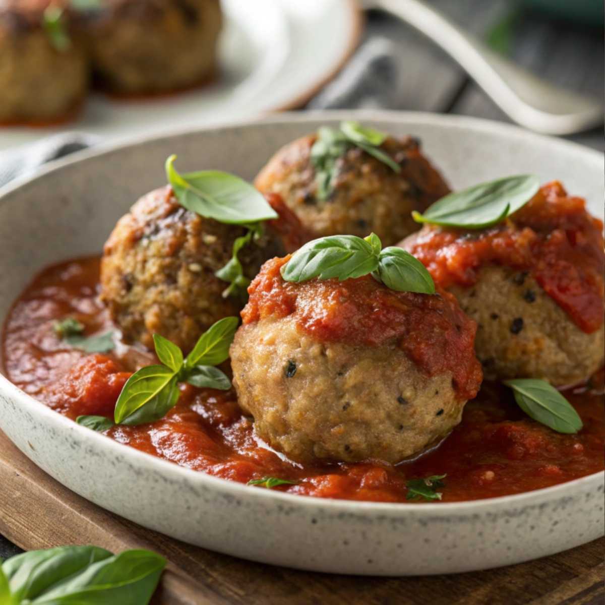 A plate of tender gluten free meatballs in marinara sauce