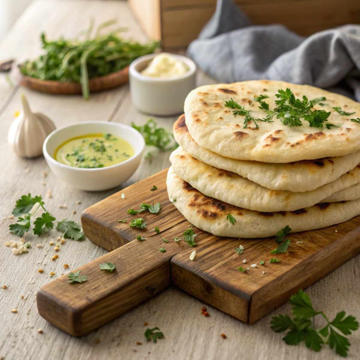 A stack of gluten free naan bread garnished with parsley