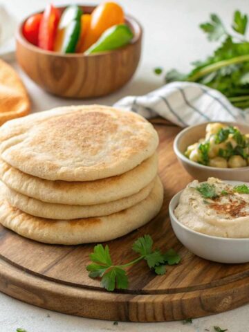 Stack of gluten free pita bread on a wooden platter