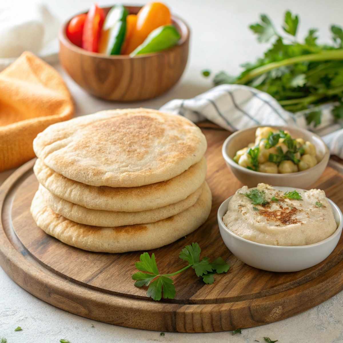 Stack of gluten free pita bread on a wooden platter