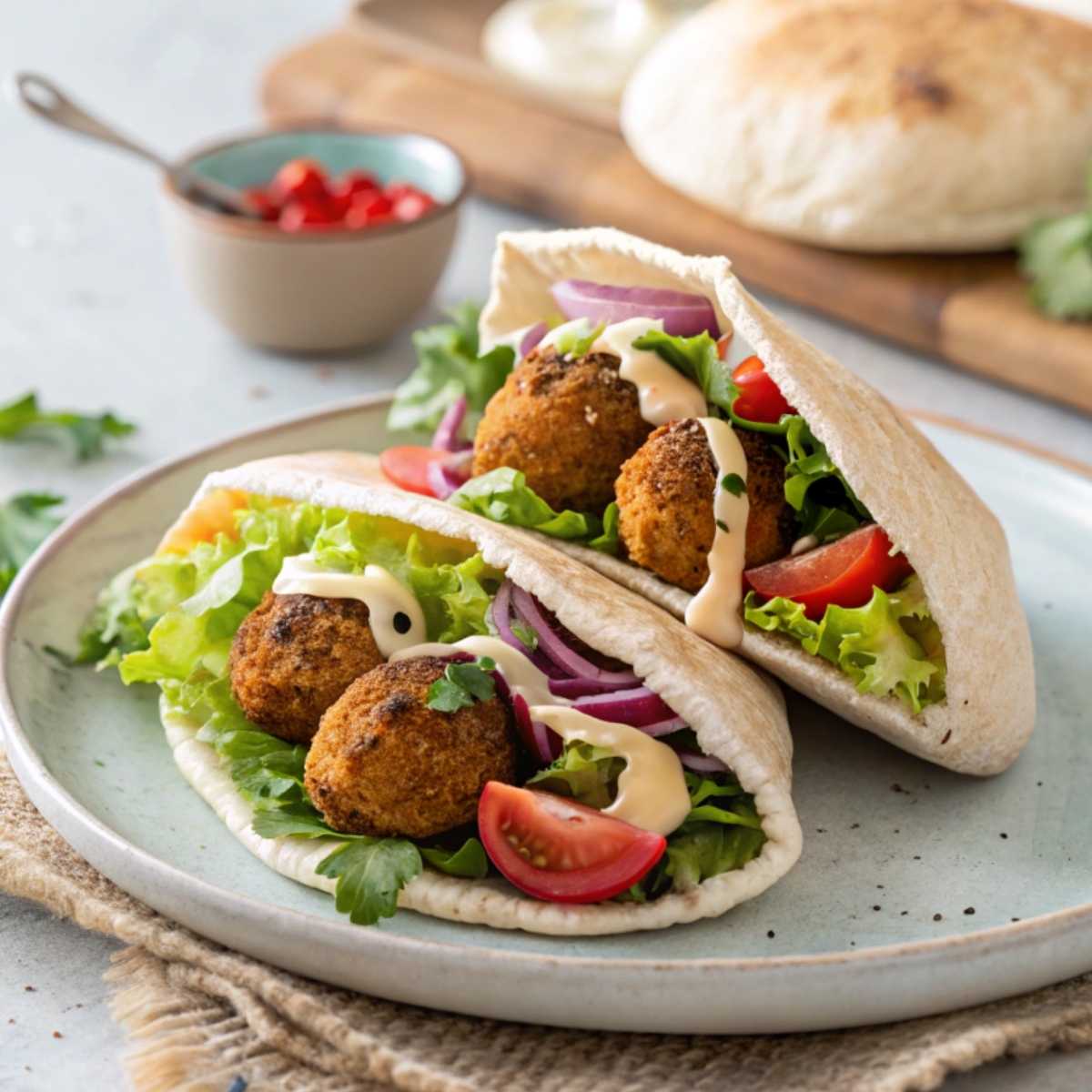 Gluten free pita bread pocket with falafel and veggies