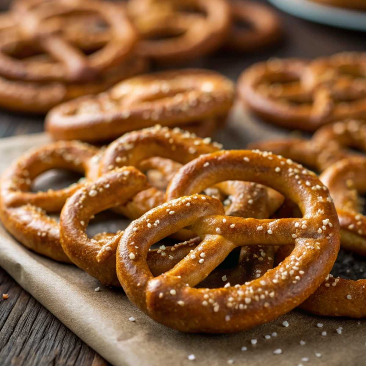 Homemade gluten-free pretzels on parchment paper.